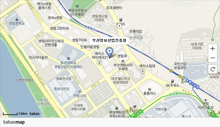 카카오맵에서 부산 해운대구 센텀동로 41(우2동 1475) 센텀벤처타운 위치를 캡춰한 사진 위치는 위 내용참조 