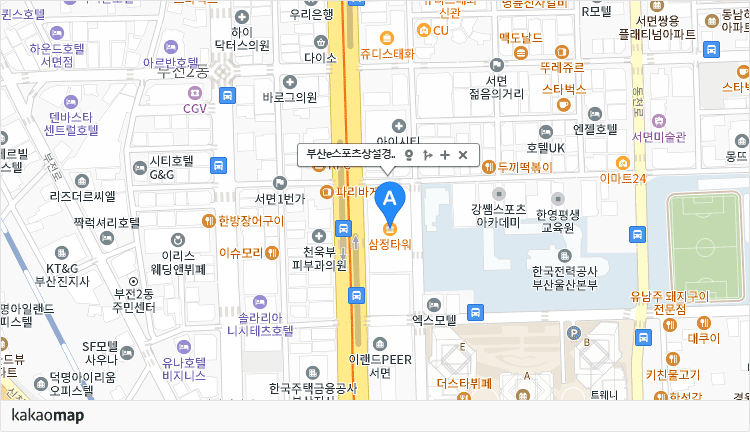 카카오맵에서 부산광역시 부산진구 중앙대로 672 삼정타워 15, 16층 위치를 캡춰한 사진 위치는 위 내용참조 