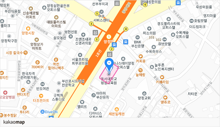 카카오맵에서 부산시 부산진구 중앙대로 922 (구 동서대 사회교육원) 위치를 캡춰한 사진 위치는 위 내용참조 