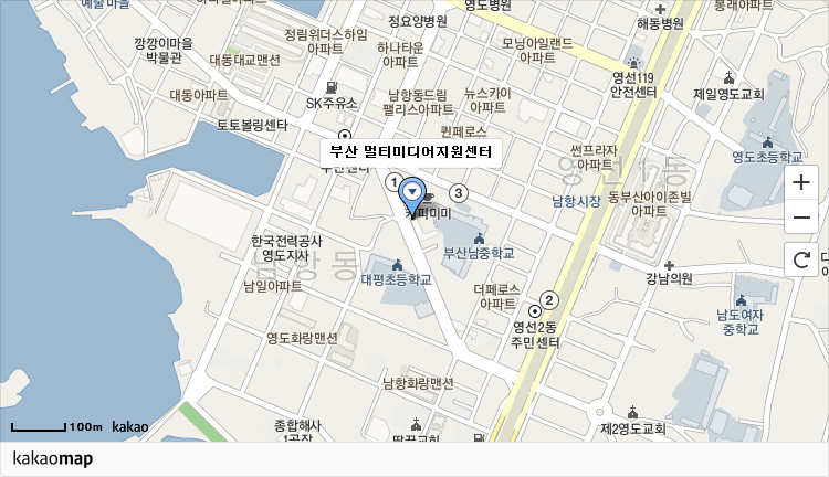 카카오맵에서 부산 영도구 절영로 71(남항동2가 236-4) 부산멀티미디어지원센터터 위치를 캡춰한 사진 위치는 위 내용참조 